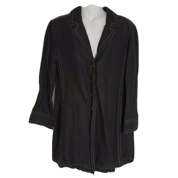 Rena Rowan Womens Size 8 Black Jacket Yellow Top Stitching 4 Buttons Linen Blend - Picture 1 of 12